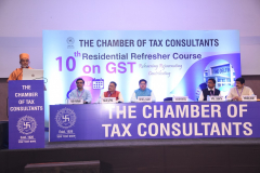 Pujya Swani Gyaanvatsalji delivering his Key Note address. Seen from L to R: CA Yash Parmar, CA Rajiv Luthia (Advisor – Indirect Taxes Committee), CA Ketan Vajani (President), CA Ketan Vajani (President) and CA Hemang Shah (Convenor – Indirect Taxes Committee)