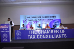 CA Atul Mehta (Chairman – Indirect Taxes Committee) welcoming the speakers and the delegates. Seen from  L to R: CA Yash Parmar, CA Rajiv Luthia (Advisor – Indirect Taxes Committee), CA Ketan Vajani (President), Pujya Swani Gyaanvatsalji, and CA Hemang Shah (Convenor – Indirect Taxes Committee)