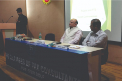 CA Rajesh P. Shah (Chairman) welcoming the speakers. Seen from L to R: CA Hinesh Doshi (President) and CA Kishor Phadke