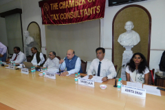 CA Hinesh Doshi giving his opening remarks. Seen from L to R: Mr. Rahul Hakani, (Chairman), Mr. Rahul Wadke (Speaker), Mr. Shailesh Gandhi (Speaker), CA Sanjeev Lalan (Chairman) and Ms. Ashita Shah (Member)